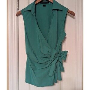 Y2K Express Teal Green Sleeveless Wrap Side Bow Tie V-Neck Blouse Office Siren